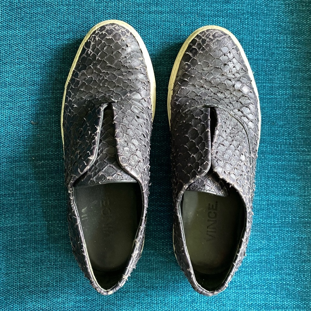 VINCE black reptile skin slip-on sneaker
